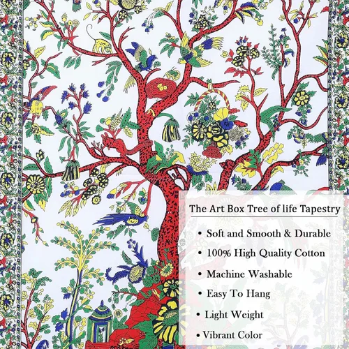 Miniatura 4 de The Art Box - Tapiz para colgar en la pared Árbol de la Vida Blanco – 85x90 Pulgadas, de algodón indio, gran diseño de planta inspirada