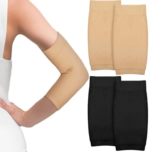 Vicenpal 2 pares de fundas de tatuaje para el antebrazo para mujeres y hombres, cubierta de compresión para la parte superior del brazo (negro, nude)