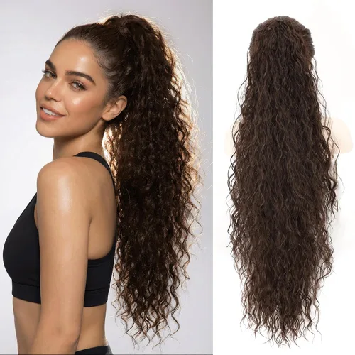Miniatura 19 de Extensión de Cola de Caballo, Extensión de Cabello con Garra Larga de 20", Piezas de Cabello Sintético Ondulado Liso con Clip en Peluca de Cola