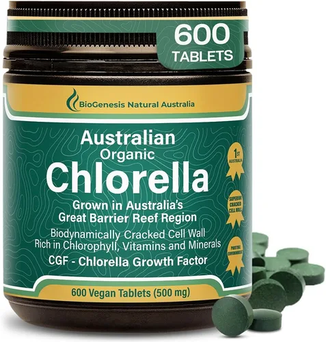 Biogenesis Tabletas orgánicas de Chlorella – 600 unidades (500 mg) | Cultivado en Australia | Pared celular agrietada BioDynamic | Rico en