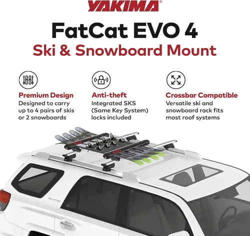 Miniatura 3 de Portaequipajes de techo Yakima para 4 pares de esquís o 2 tablas de snowboard, montaje universal para auto con bisagra expandible, FatCat EVO 4