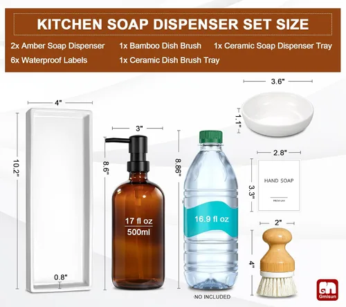 Miniatura 3 de GMISUN Dispensador de jabón para platos, juego de dispensador de jabón de cocina de 16 onzas con bandeja de cerámica y cepillo de bambú, paquete