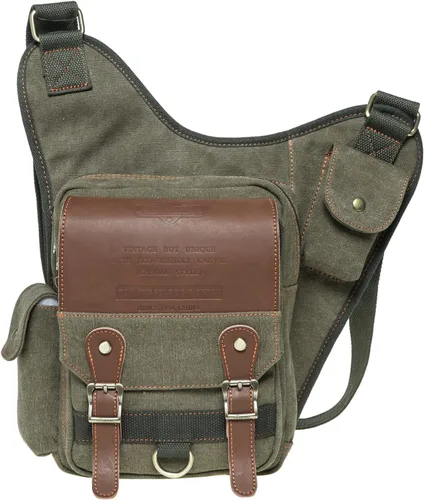Miniatura 21 de Bolso de mensajero de lona vintage para hombre, bolso de mensajero de retazos de cuero en el pecho 3-3-ejército Verde