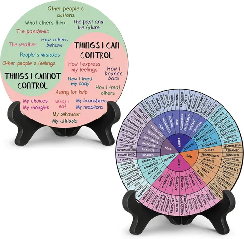 Miniatura 8 de 2 piezas de decoración de escritorio de terapia de rueda de sentimientos, cosas que puedo controlar, gráfico doble cara de emociones de salud mental