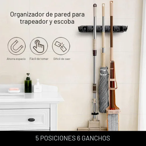 Miniatura 3 de IMILLET Paquete de 2 soportes para trapeador y escoba, organizador montado en la pared, estante de herramientas de almacenamiento de trapeador y 2