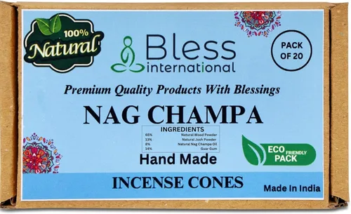 Bless-International Nag Champa 100% - Conos de incienso naturales hechos a mano, sumergidos a mano, orgánicos, sin productos químicos para