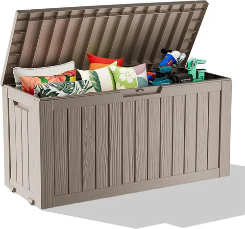 Miniatura 17 de Caja de almacenamiento impermeable para exteriores de 180 galones, caja de resina resistente a los rayos UV con varilla hidráulica para mayor 2-Gris