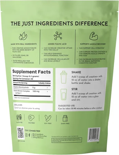 Miniatura 2 de JUST INGREDIENTS Polvo de Monohidrato de Creatina con Complejo Mineral Fúlvico Rejen - Apoya la Recuperación Muscular, Energía, Fuerza, Función