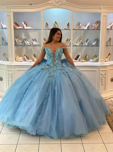 Miniatura 2 de Mauuwy Vestidos de quinceañera de tul de lujo, vestido de baile hinchado brillante dulce 16 vestidos florales fuera del hombro vestido de graduación