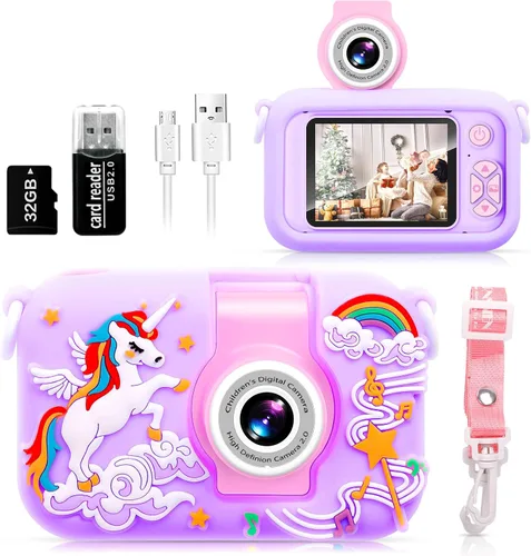 Miniatura 8 de ARNSSIEN Cámara para niños, cámara digital de juguete para niños pequeños con lente abatible de 180°, pantalla IPS de 2.4 pulgadas, tarjeta de 32