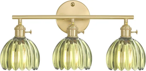 Shenmoyl Accesorios de iluminación de baño, lámpara de pared de latón de 3 luces sobre espejo con pantalla de vidrio en forma de tulipán verde para