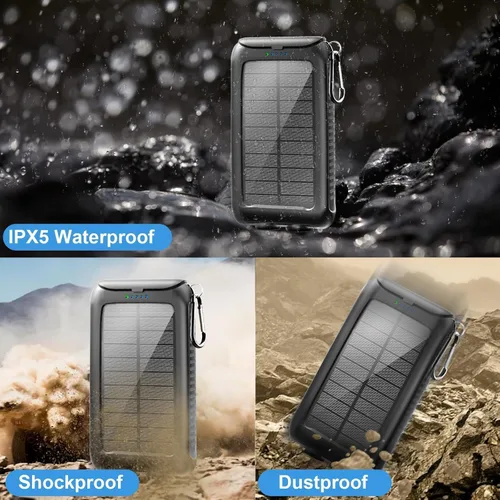 Miniatura 5 de Cargador solar-Power-Bank-49800mAh Cargador de teléfono solar portátil con linterna LED/15W carga rápida USB C impermeable batería externa de Negro