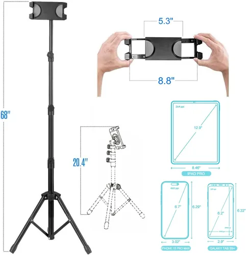 Miniatura 3 de Trípode para tableta para iPad Pro soporte de piso trípode para Surface Pro Samsung Tab S9+ soporte con control remoto giratorio de 360° ajustable