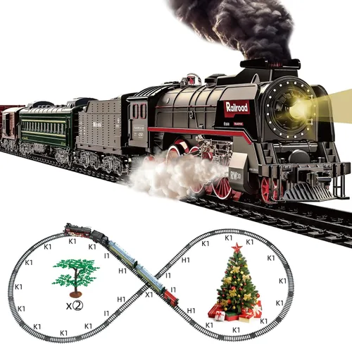 Juego de Tren para Niños, Juguetes de Tren Eléctrico con Luces Realistas, Sonidos y Humo, Modelo de Tren de Navidad, Regalos para Niños Pequeños y