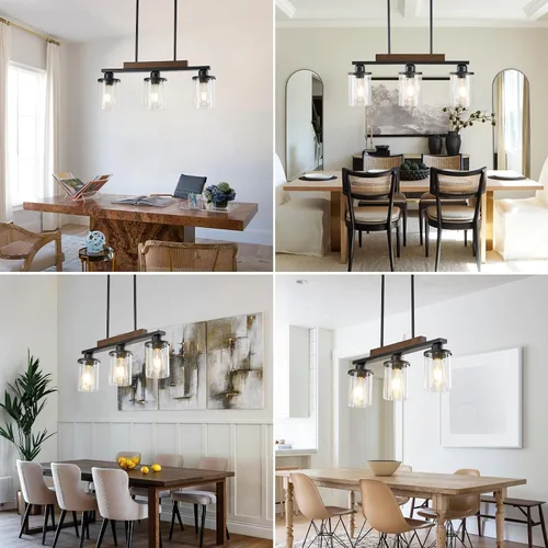 Miniatura 7 de Lámpara de comedor,Lámpara de cocina de 3 luces para iluminación de granja, iluminación colgante industrial de madera de metal negro mate,Luces