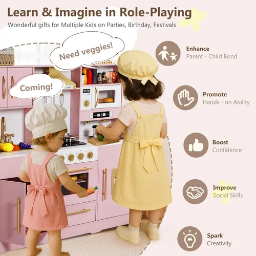 Miniatura 3 de Kinder King Cocina de madera para niños, juego de cocina de juguete para niños pequeños, juego de cocina con sonidos reales, máquina de café de Rosa