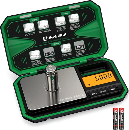 Miniatura 10 de UNIWEIGH Báscula de bolsillo digital 200g/0.01g, báscula digital en gramos, báscula para joyería, báscula para monedas con pesas de calibración