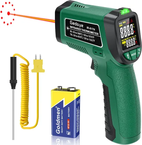 Miniatura 10 de Pistola termómetro infrarroja, temperatura láser Gedaye con puntero IR 13:1, pistola de temperatura de carne con sonda de metal, emisividad Rojo