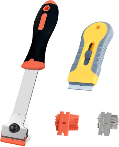 Paquete de 2 raspadores de cuchillas de afeitar con 20 cuchillas de plástico y 20 de metal para quitar pintura, grasa del parabrisas, calcomanía de