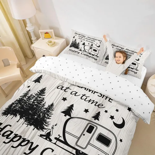 Miniatura 3 de Happy Camping - Funda de edredón para niños, casa rodante y cámper, funda de edredón rústica para niños y niñas, decoración de habitación de niños