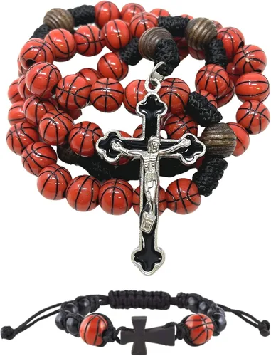 Juego de regalo de recuerdo de protección para atletas, collar de cuentas con forma de baloncesto, 20 pulgadas, con cordón, ropa deportiva, rosario