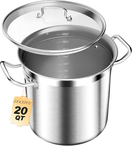 STOCKPOT Olla de acero inoxidable de 20 cuartos de galón con tapa de vidrio templado, base de 3 capas, 8.8 libras, acabado pulido, adecuada para