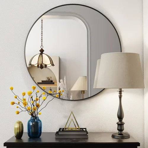 Miniatura 8 de BEAUTYPEAK Espejo redondo de 20 pulgadas, espejo circular con marco de metal, montado en la pared para entrada, baño, tocador, sala de estar, negro
