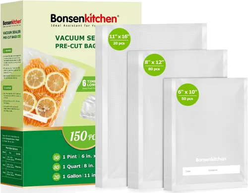 Bonsenkitchen Bolsas selladoras al vacío, 20 galones de 11 x 16 pulgadas + 80 cuartos de galón de 8 x 12 pulgadas + 50 pintas de 6 x 10 pulgadas,