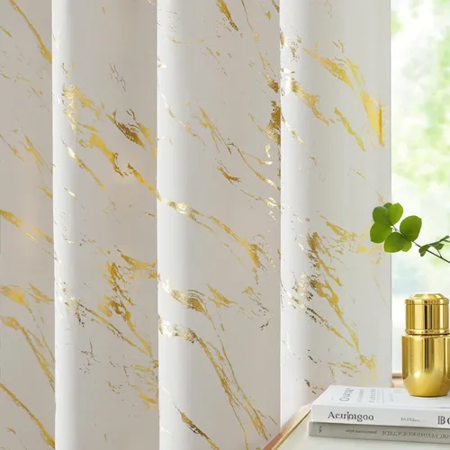 Miniatura 3 de WUBODTI Cortinas 100% Opacas de Mármol Beige de 63 Pulgadas de Largo 2 Paneles, Cortina Corta con Ojales de Impresión de Lámina Dorada Moderna