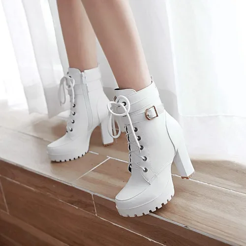 Miniatura 6 de MIOKE Botines elegantes con plataforma de punta redonda para mujer, con cordones, cierre de cremallera, tacón alto, botines cortos