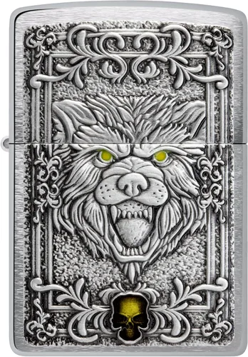 Miniatura 2 de Encendedores Zippo Lobo Emblema de lobo y cráneo cromado cepillado