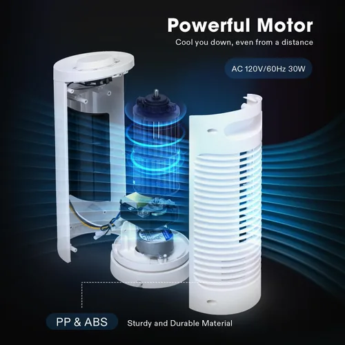 Miniatura 5 de VIVOSUN Ventilador de torre de 13 pulgadas, ventilador de escritorio sin aspas con 3 velocidades y oscilación de 70°, portátil y compacto