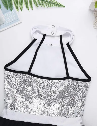 Miniatura 6 de Daenrui Vestido de baile con lentejuelas brillantes para niñas y niñas, con leotardo de ballet, falda tutú, jazz latino, moderno disfraz de baile