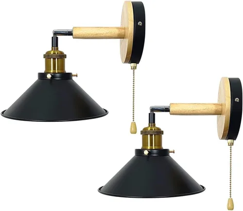 Miniatura 8 de Juego de 2 apliques de pared Vintage Negros, con Base de Madera de 1 luz, interruptor de cadena y diseño cónico. Ideal para mesilla de Noche, sala