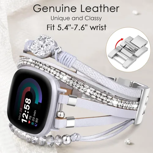 Miniatura 3 de VISOOM Pulsera bohemia con cuentas compatible con Fitbit Versa 4/Versa 3 Bandas/Fitbit Sense2/Sense, correa de reloj de cuero para mujer, hecha a