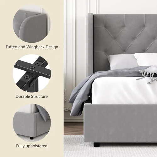 Miniatura 5 de HOMBCK - Marco de cama tamaño completo, base de cama tapizada en plataforma gris con cabecero, terciopelo acolchado, diseño de ala curvada, listones