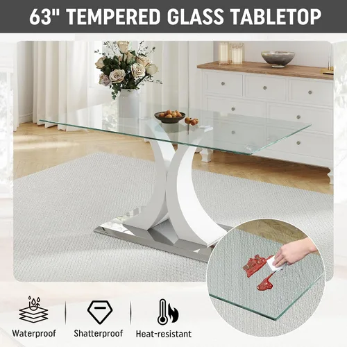 Miniatura 7 de Moderno juego de mesa de comedor rectangular de vidrio para 4, 63 pulgadas, mesa transparente de cocina de lujo con base negra y dorada, 4 sillas