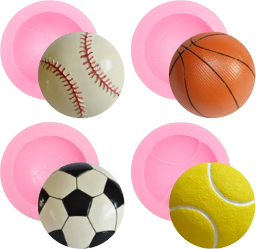 Molde de silicona para fútbol, 4 unidades, para béisbol, baloncesto, tenis, chocolate, fondant, para decoración de pasteles, azúcar de caramelo,