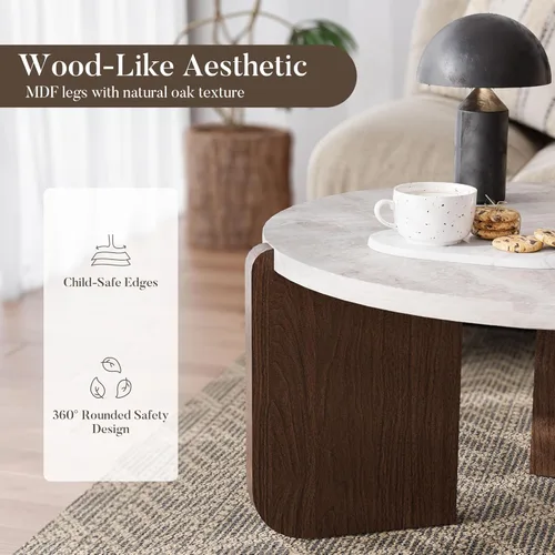 Miniatura 7 de COSIEST - Juego de mesa auxiliar redonda moderna y mesa auxiliar, tapa de madera con aspecto de mármol falso, patas de nogal y crema blanca, mesa