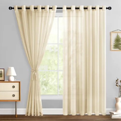 Miniatura 44 de Hiasan - Cortinas traslúcidas de gasa cortas semitransparentes con ojales y alzapaños filtrantes de luz para ventana, dormitorio, baño, 2 paneles