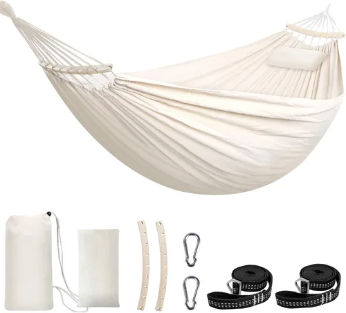 Miniatura 8 de Chihee - Hamaca de algodón grande y transpirable para acampar, con capacidad de hasta 660 libras, portátil, con barra separadora desmontable