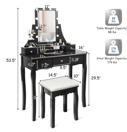 Miniatura 7 de LDAILY Juego de mesa de tocador con 10 luces LED, tocador de maquillaje con espejo cuadrado iluminado giratorio de 360°, taburete acolchado y 5