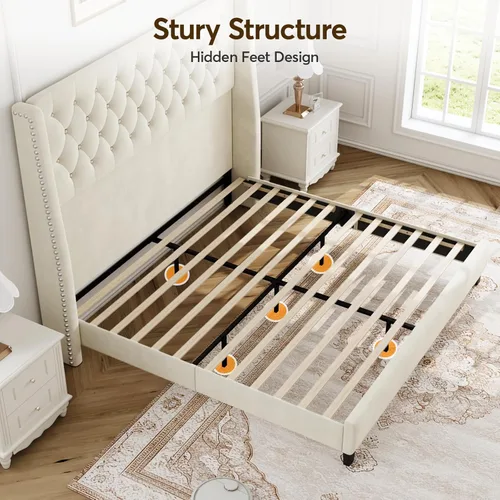 Miniatura 7 de Base de cama tamaño Queen con cabecera de 140 cm de altura, somier tapizado, tela suave, cabecera acolchada con botones y respaldo, cama con Beige