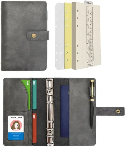 Miniatura 22 de WONDERPOOL Cuaderno de cuero recargable, cuaderno en espiral, carpeta de carpetas de diario A5 con puntos y bolsillos interiores para viajes, Marrón