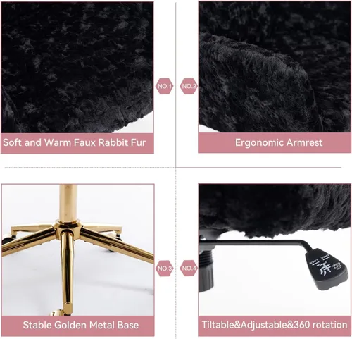Miniatura 7 de Henf Silla de escritorio tapizada en piel sintética negra para maquillaje con base dorada, silla giratoria de oficina, silla de computadora