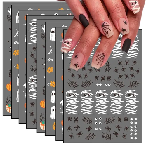 Miniatura 15 de 8 hojas de calcomanías de uñas de Halloween con diseños de fantasmas lindos, calabaza, araña, telaraña, sangre, llama 3D, autoadhesivas, Otoño