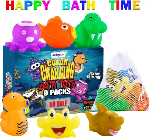Miniatura 5 de Paquete de 9 juguetes de baño que cambian de color sin agujeros para niños pequeños, bebés, juguetes de mesa de agua que cambian de color, criaturas