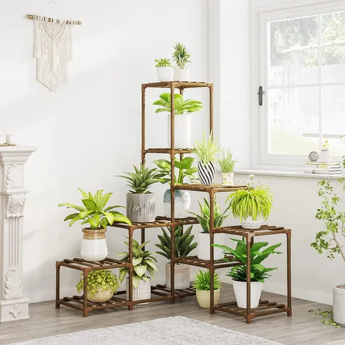 Bamworld Soporte para plantas de esquina de interior, soporte de madera para plantas, 13 macetas para múltiples plantas, decoración del hogar para