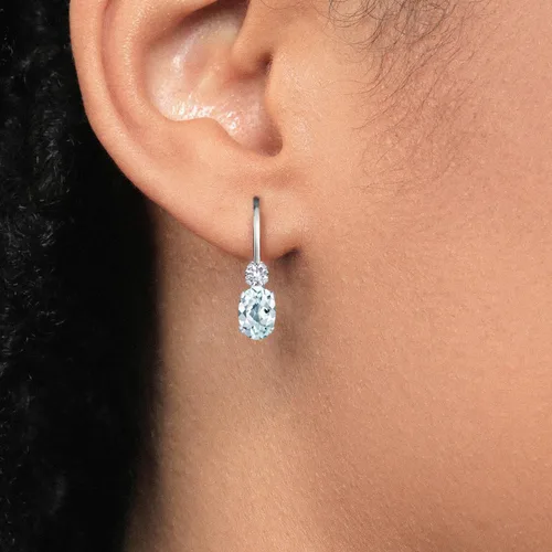 Miniatura 2 de Gem Stone King Aretes de oro blanco de 14 quilates con aguamarina azul cielo y zafiro blanco creado para mujer (0.94 qt ovalado 34 pulgadas), Metal