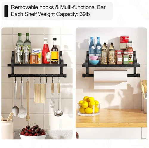 Miniatura 5 de Love-KANKEI Estantes flotantes para barra de café, estantes de baño con toallero, estantes de pared con 8 ganchos para cocina, juego de 2 estantes